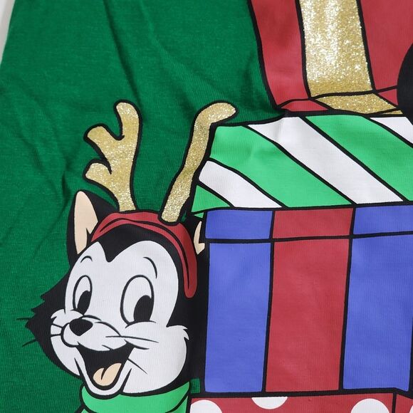 H&M Girls Disney Minnie Mouse & Figaro Christmas Holiday Green T-Shirt Size 8-10 - Picture 3 of 9